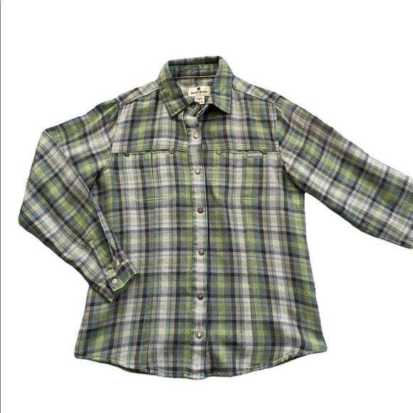 Woolrich Wool Blend Green Brown Snap Closure Plaid Flannel Women's Small - Picture 1 of 11